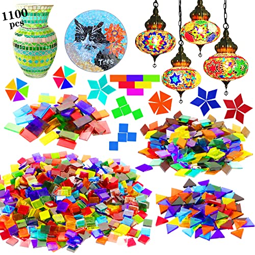 Csdtylh 1100 Pieces Glass Mosaic Tiles for Crafts Bulk, Stained Mosaic Glass Pieces, Mosaic Supplies for Home Decor, Crafts, DIY Projects