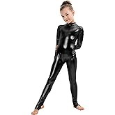 Kepblom Girls Shiny Metallic Mock Neck Unitard Long Sleeve Zipper Back One Piece Bodysuit Costume