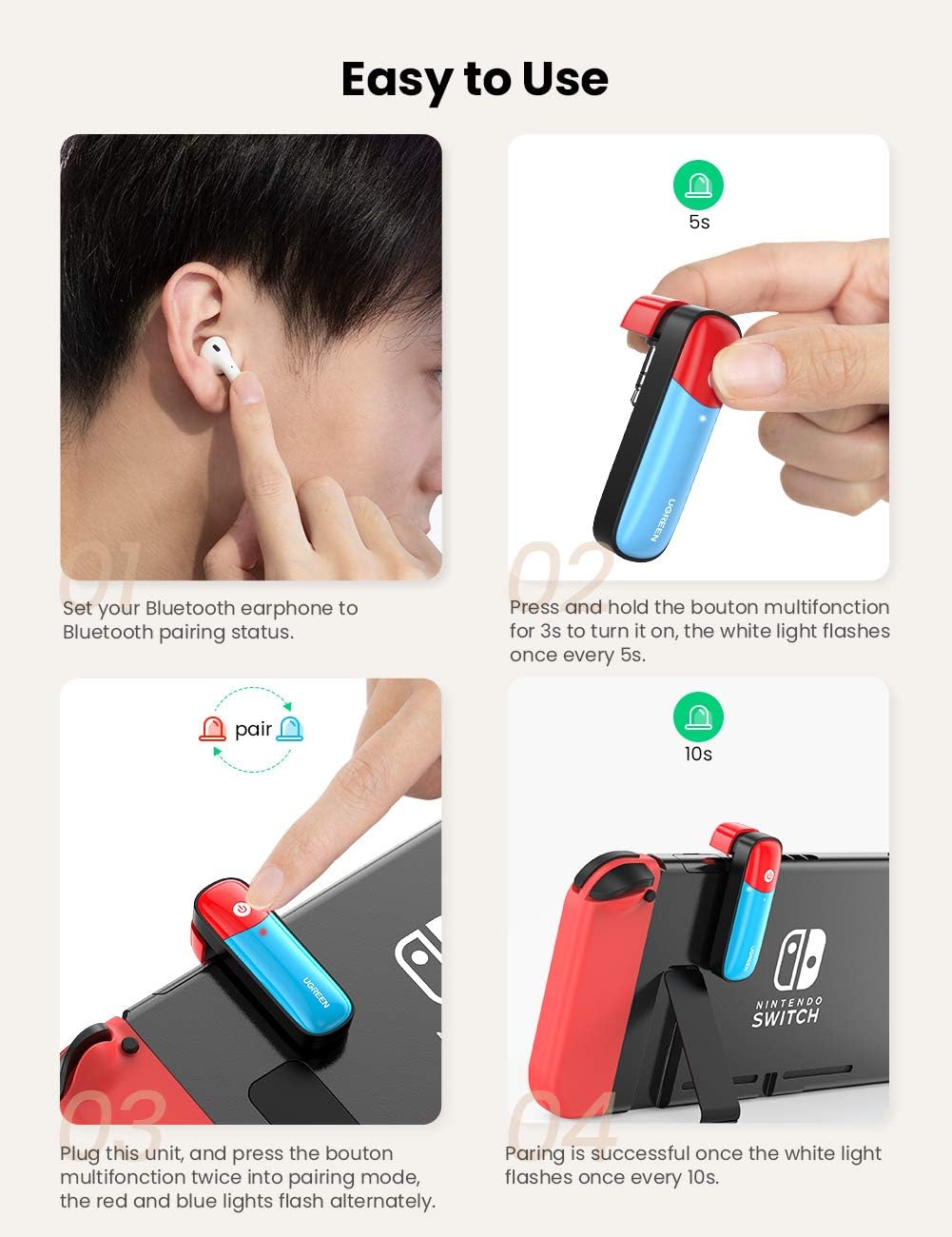 UGREEN Bluetooth 5.0 Transmitter Compatible for Nintendo Switch, Switch Lite, 3.5mm Audio Adapter with APTX Low Latency, Supports Wireless Bluetooth Headphones and Speakers: Home Audio & Theater