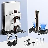 WishJazz PS5/Slim/Pro Wall Mount Kit with Cooling Fan & Charging Station, PS5 Shelf Wall Mount Accessories, Steel Wall Stand with Dual Controller Charger, Headset Hanger for All PS5 Versions