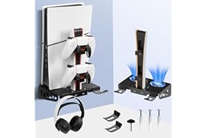 WishJazz PS5/PS5 Slim Wall Mount Kit with Charging Station and Cooling Fans, Steel Wall PS5 Stand Dual Controller Charger, He
