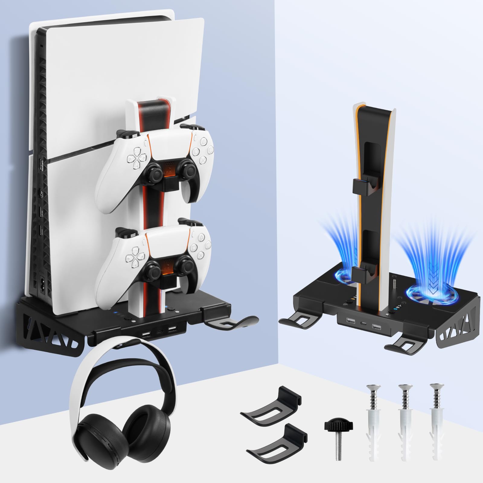 WishJazz PS5/Slim/Pro Wall Mount Kit with Cooling Fan & Charging Station, PS5 Shelf Wall Mount Accessories, Steel Wall Stand with Dual Controller Charger, Headset Hanger for All PS5 Versions