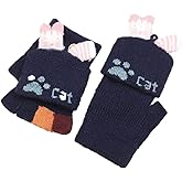 Cartoon Convertible Flip Top Gloves Toddler Kids Winter Wool Knit Fingerless Gloves with Mitten Cover for Girls Boys 2-15 Yrs