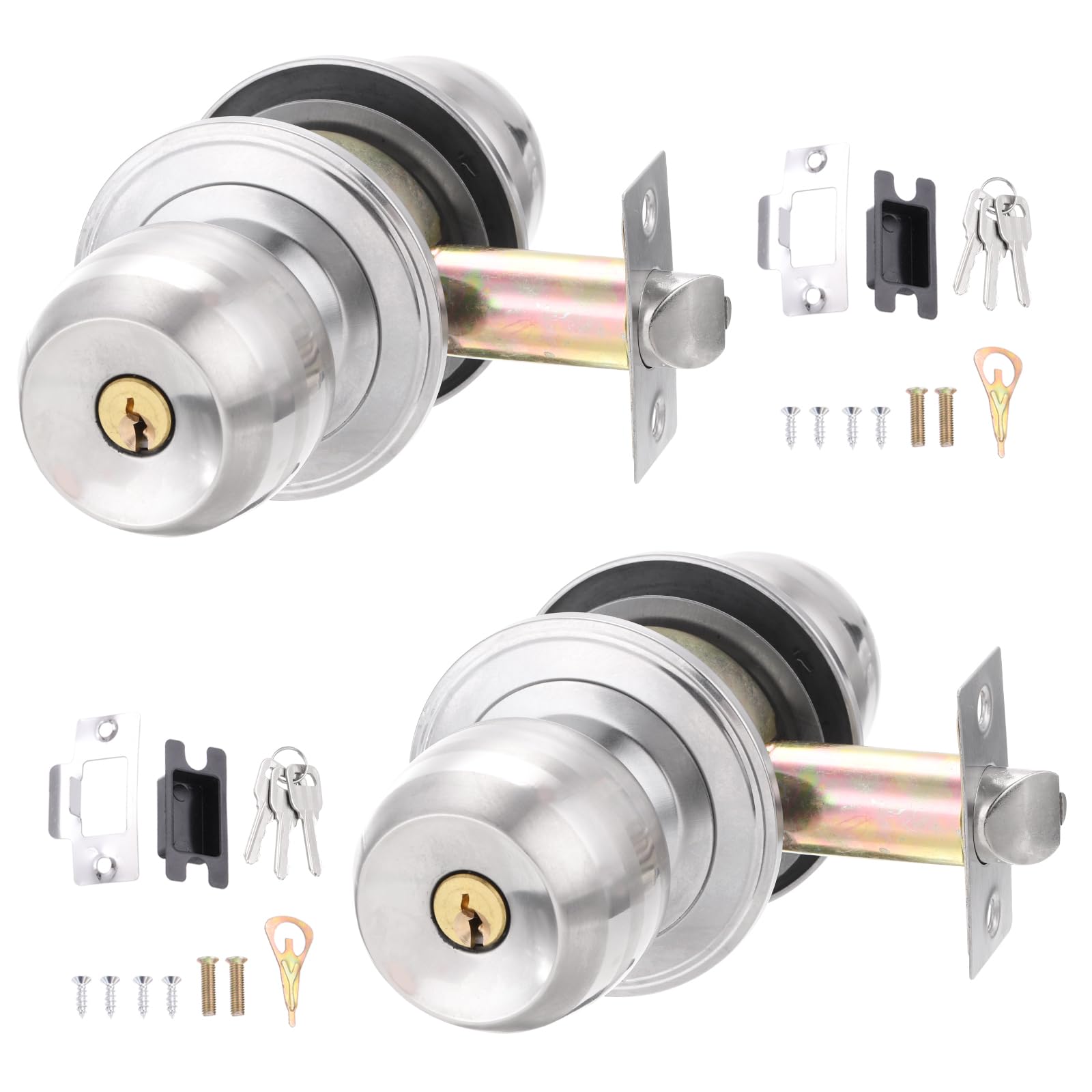 PATIKIL Key Entry Door Knobs Interior 70mm/2.8inch, 2 Pack Round Stainless Steel Bedroom Bathroom Door Knob with Copper Lock Entry Indoor Outdoor Door, Silver
