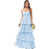 Monvelli Women's Tiered Ruffle Bridesmaid Dresses Long Chiffon Spaghetti Straps Pleated Formal Prom Evening Party Gowns