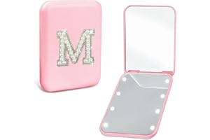 Aganmi Small Mirror with Lights Teen Girl Gifts Trendy Stuff Personalized Pearl Initial LED Pink Folding Compact Mirror Preppy 1X/2X Magnification Travel Makeup Pocket Mirror for Women (M)