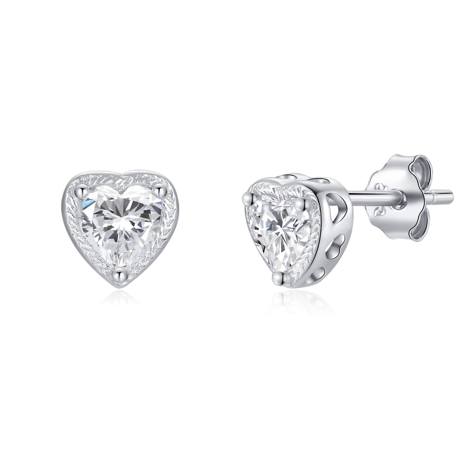 Qings Birthstone Heart Earrings, 925 Sterling Silver April Birthstone Earrings Cubic Zirconias Studs, 12 Months Jewellery for Women Mother Girls Gift For Engagement Birthday Anniversary Wedding