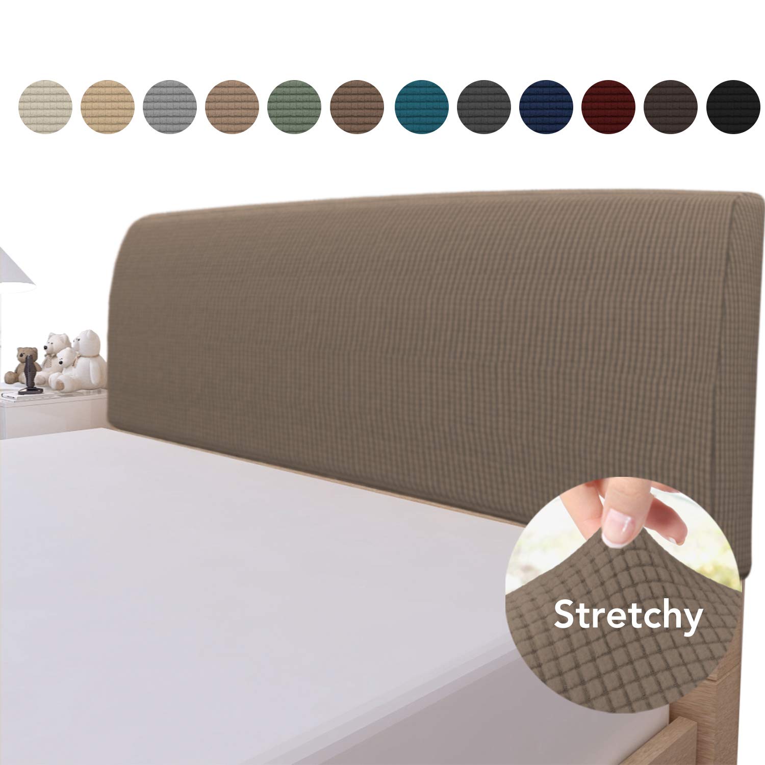 Easy-Going Stretch Bed Headboard Cover,Small Square Jacquard Headboard Slipcover, Dustproof Bed Head Cover for Bedroom (Twin,Camel)