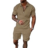 UOUA Mens Summer Track Suits 2 Piece Shorts Sets Short Sleeve Sweatsuit Outfits 1/4 Zip Golf Polo Shirts Loungewear