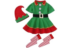 Cute Christmas Elf Outfit for Kids Girls Boys Velvet Xmas Holiday Dress Up Santa's Helper Costume with Socks Hat