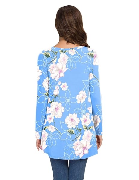 AWULIFFAN WOMEN’S CASUAL LONG SLEEVE ROUND NECK LOOSE TUNIC T SHIRT BLOUSE TOPS (FLOWER LIGHT BLUE,LARGE)