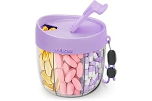 AMOOS Cute Pill Dispenser with 7 Large Compartments, Portable Pill Bottle Organizer with Wide Opening for Easy Use, Anti-Mix Pill Organizer for Travel, BPA-Free Pill Container, Purple