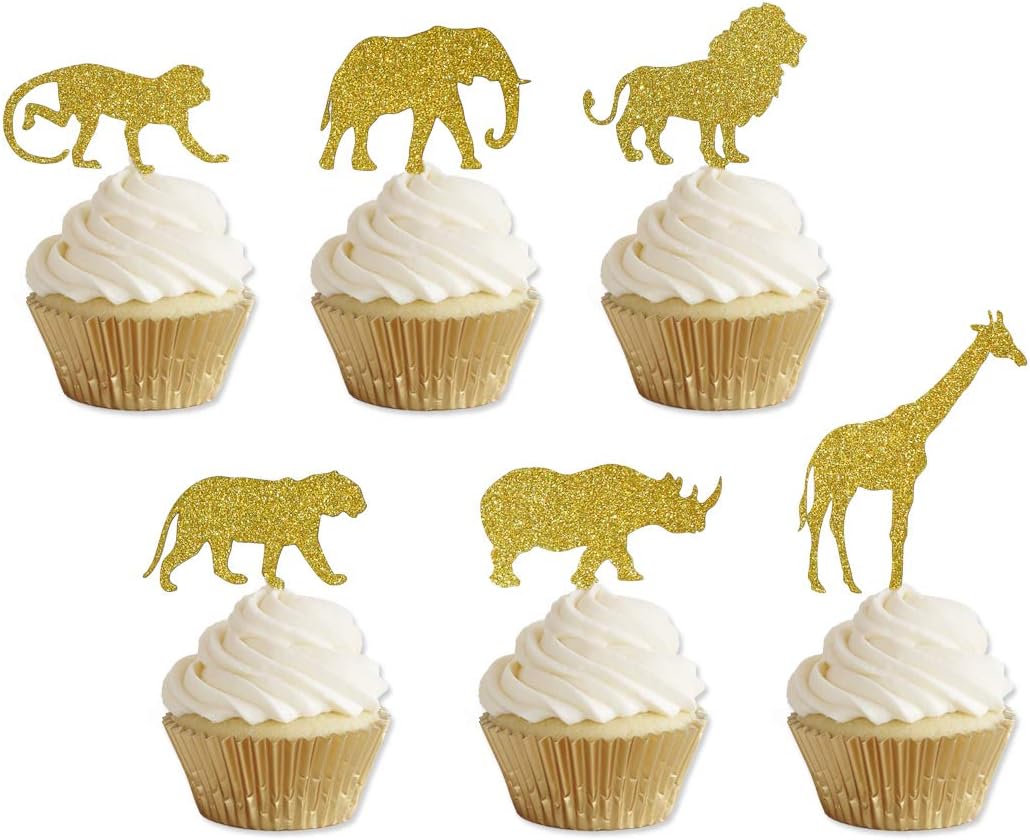 Gold Glitter Jungle Safari Animal Cupcake toppers Elephant Giraffe Rhino Lion Tiger Monkey for Jungle safari Baby Shower Birthday Party Supplies Decorations 24 Counts