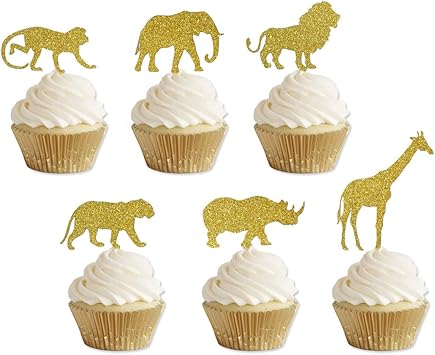 Gold Glitter Jungle Safari Animal Cupcake Toppers Elephant Giraffe