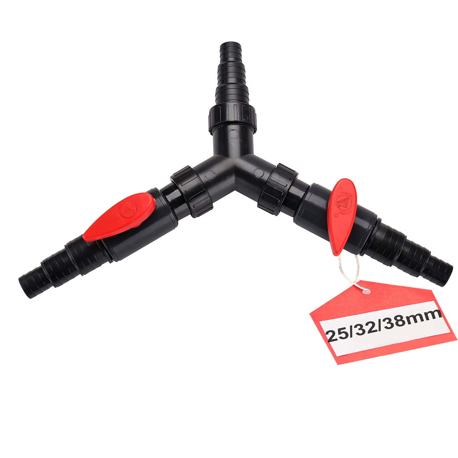 EXLECO 3-Way Valve Y Splitter Step Nozzle 25/32/38 mm (1 inch/1 1/4 inch/1 1/2 inch) Water Distributor with 2 Regulations Shut-Off Valve, Universal Hose Connector, Hose Coupling for Pond Pump, Water