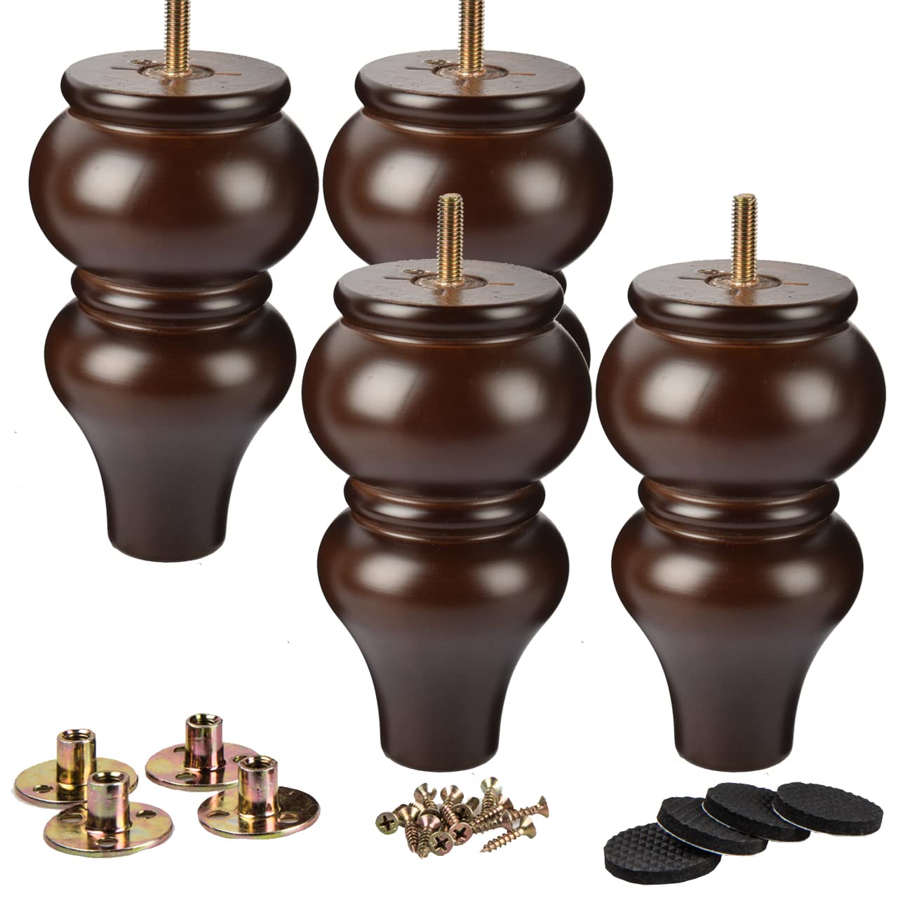 La Vane 6 Inch (15cm) Solid Wood Furniture Legs - 4Pcs Wooden Walnut Turned Spool Bun Feet with M8 Bolt, Extra Wide 3.5”(9cm) Diameter & Superior Strength for Dresser, Sofa, Cabinet, Sideboard