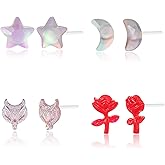 Plastic Earrings,KMEOSCH 4 Pairs Cute and Lightweight Plastic Stud Earrings for Sensitive Ears (Fox & Rose, Stars & Moon)
