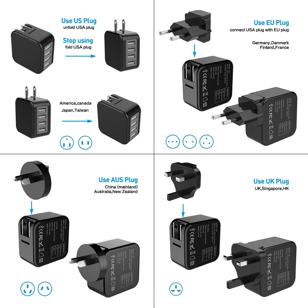 Travel Adapter,Yostyle USB Wall Charger Worldwide International All in One Travel Charger AC Power Plug Converter with 4 USB Ports,Travel Case for USA European UK AUS(Black)