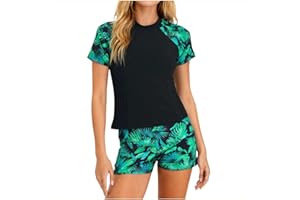 Women's Two Piece Rash Guard Short Sleeve Swim Shirts Built in Bra Swimsuit with Boyshorts Modest Tankini Bathing Suit
