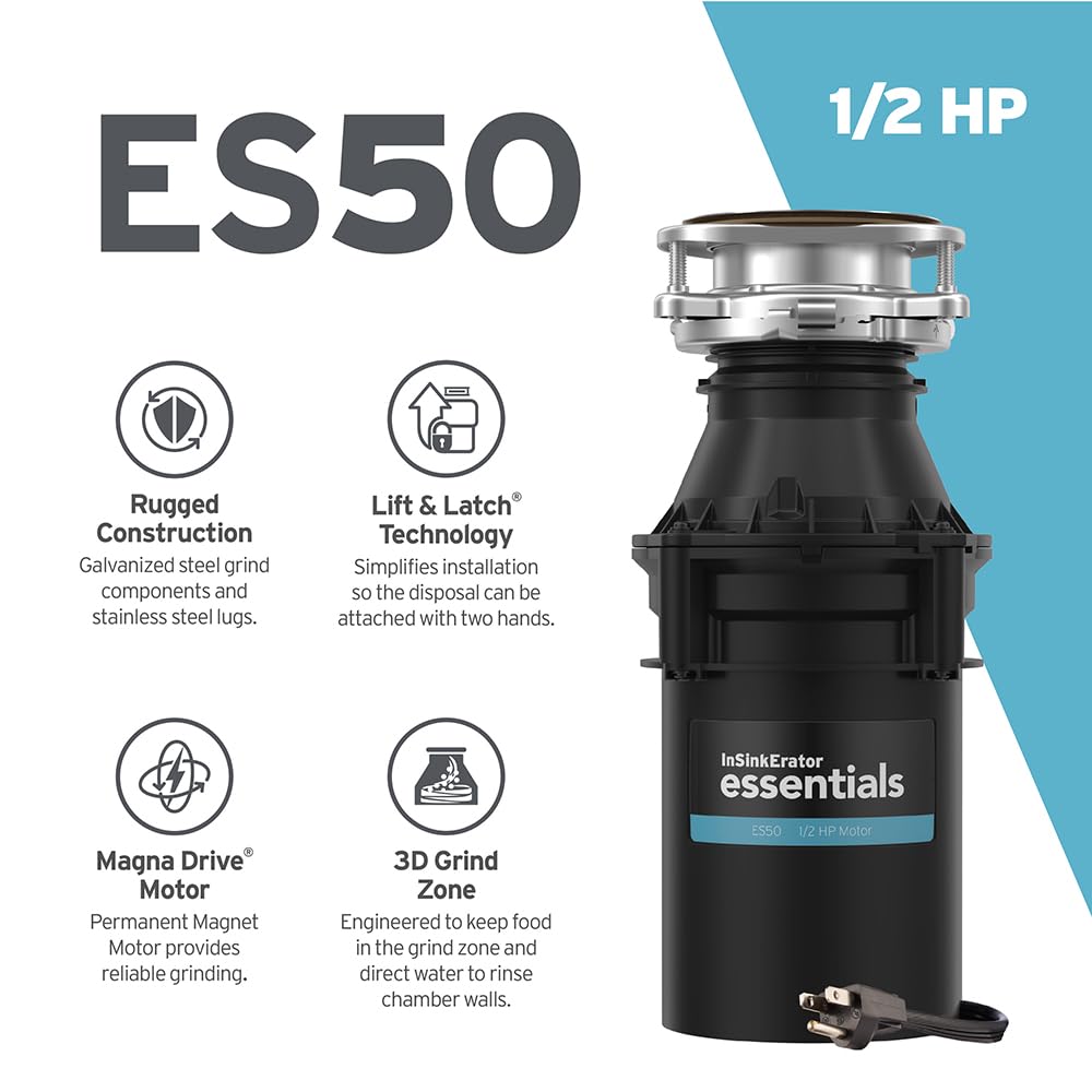 InSinkErator Essentials ES50 Kitchen Garbage Disposal with Power Cord, 1/2 HP Motor Continuous Feed Food Waste Disposer, ES50 W/C