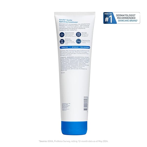 CERAVE GENTLE HYDRATING CONDITIONER, HAIR CONDITIONER WITH CERAMIDES, NIACINAMIDE & HYALURONIC ACID, SULFATE FREE & COLOR SAFE, MOISTURIZING CONDITIONER FOR ALL HAIR & SCALP TYPES