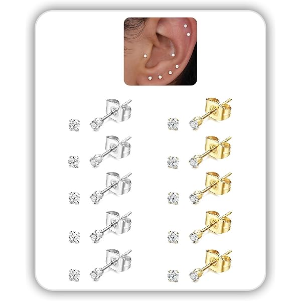 TT 14K Gold Plated 3mm Stainless Steel Clear CZ Round Stud Earrings – A Pair, Nickel-Free