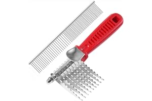 QUMY Dog Comb for Dematting, Stainless Steel Pet Grooming Comb, Removes Dead, Matted or Knotted Hair, Finishing and Fluffing, Comfort-Grip Handle - Pack of 1