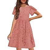 MITILLY Summer Flower Girl Dress Elegant Short Sleeve Crew Neck A Line Short Boho Dresses for Kids with Pockets 6-12 Years