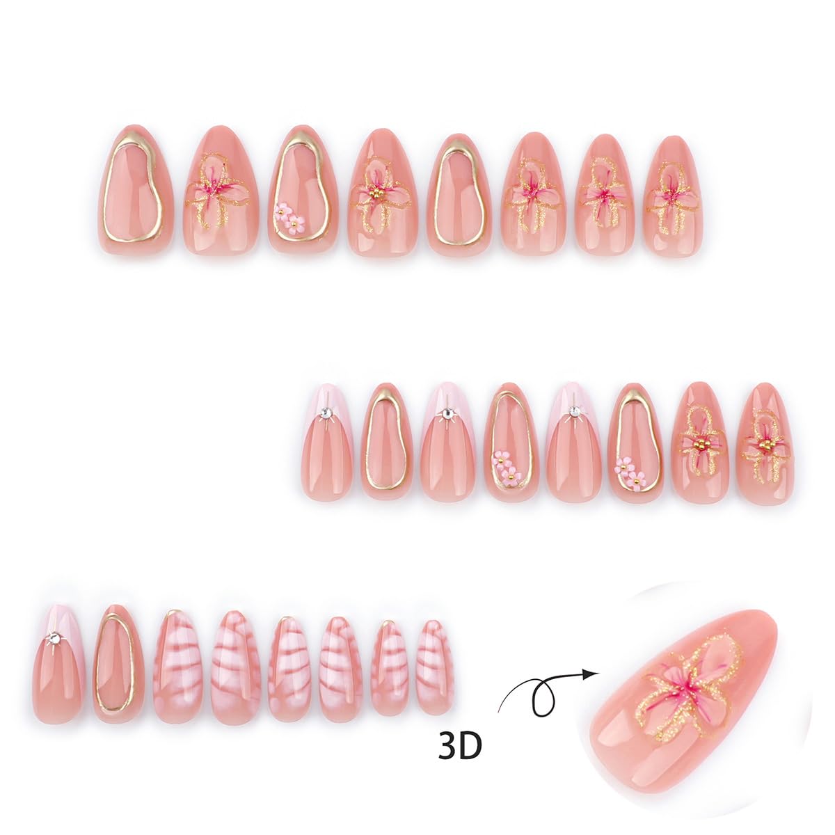 24 Pcs Spring Press on Nails Short Almond - YEFIUO Flesh Pink Nail Tips Acrylic Nail Kit 3D Flower Pearl Charms Nail Art Fake Nails Press ons French Tip Glue on Nails Full Cover False Nails for Women - Image 4