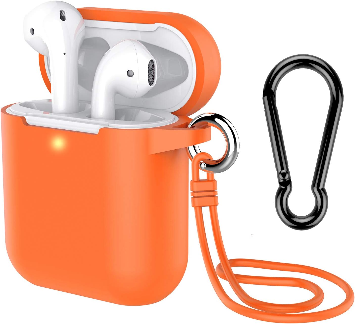 AirPods Case with Keychain, Coffea Silicone Protective Case with Stap for AirPods 2 & 1 [Front LED Visible] (Vibrant Orange)