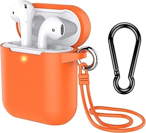 AirPods Case with Keychain, Coffea Silicone Protective Case with Stap for AirPods 2 & 1 [Front LED Visible] (Vibrant Orange)