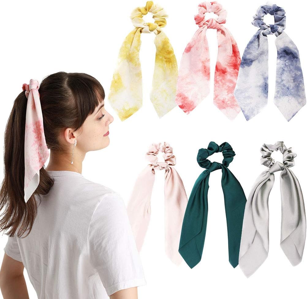 6Pcs Hair Scrunchies Silk Satin Scarf Hair Ties Elastic Hair Bands Ponytail Holder Hair Bobbles Vintage Accessories Ropes for Women Girls