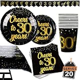 82 Piece 30th Birthday or Anniversary Party Supplies Set Including Plates, Cups, Napkins,Banner and Tablecloth, Serves 20