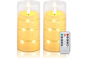 Aignis Flickering Flameless Candles in Unbreakable Plexiglass Shell with Embedded String Lights, Breath Flame Battery Operated LED Candles with Timer, Ivory White Set of 2(D3'' x D3'' x H6‘')