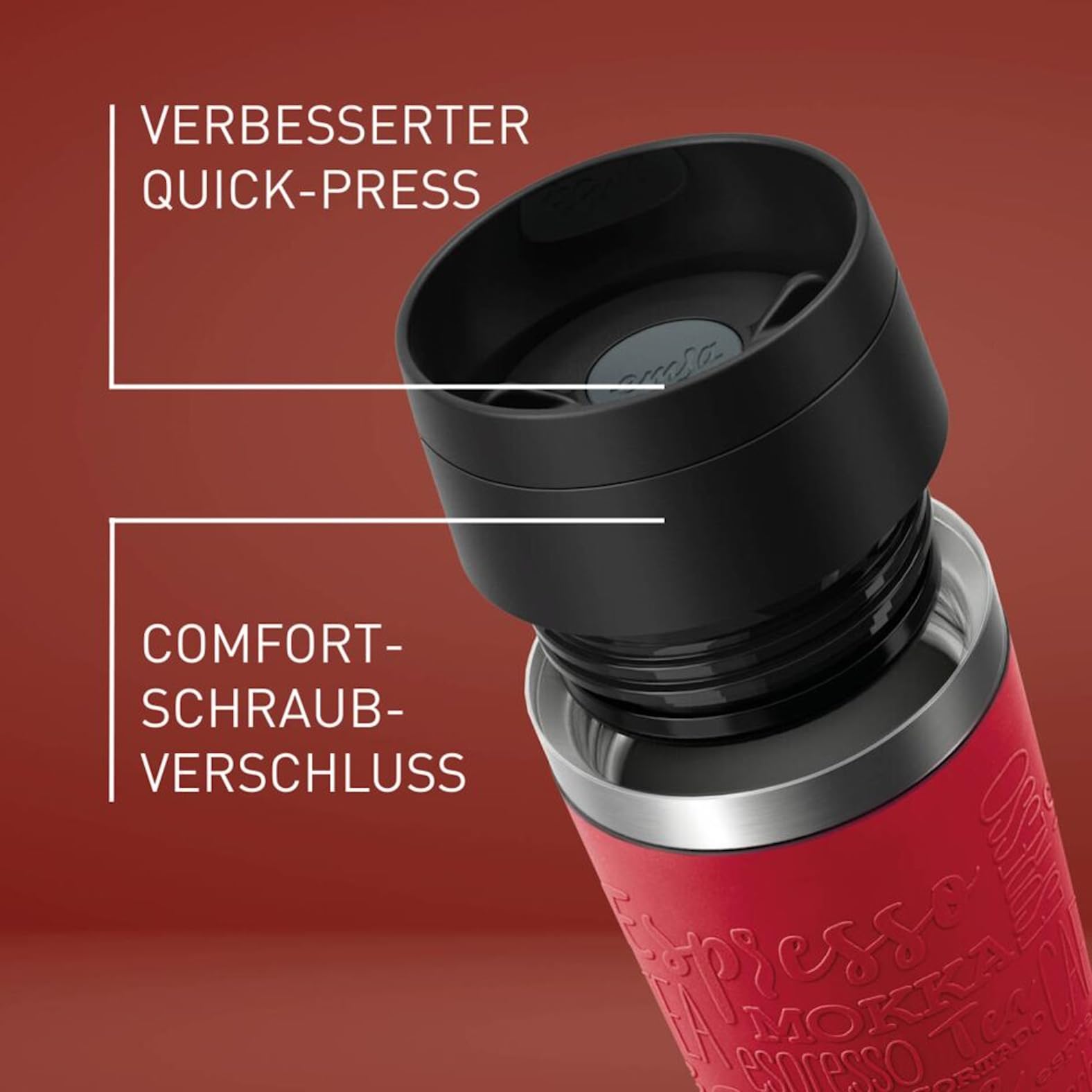 Emsa N20222 Travel Mug Classic Isolierbecher 0,5 Liter, neuer Komfort-Schraubverschluss, Edelstahl, 6h heiß und 12h kalt, 100% dicht, spülmaschinenfest, 360°-Trinköffnung, Dunkelrot 5