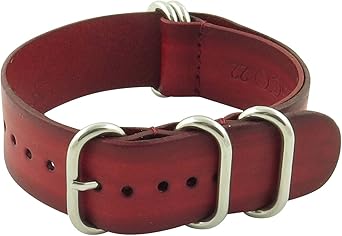 StrapsCo 16 mm Rojo Zulu Vintage NATO G10 Correa para Reloj de Piel con Anillas de Acero Inoxidable Pulido