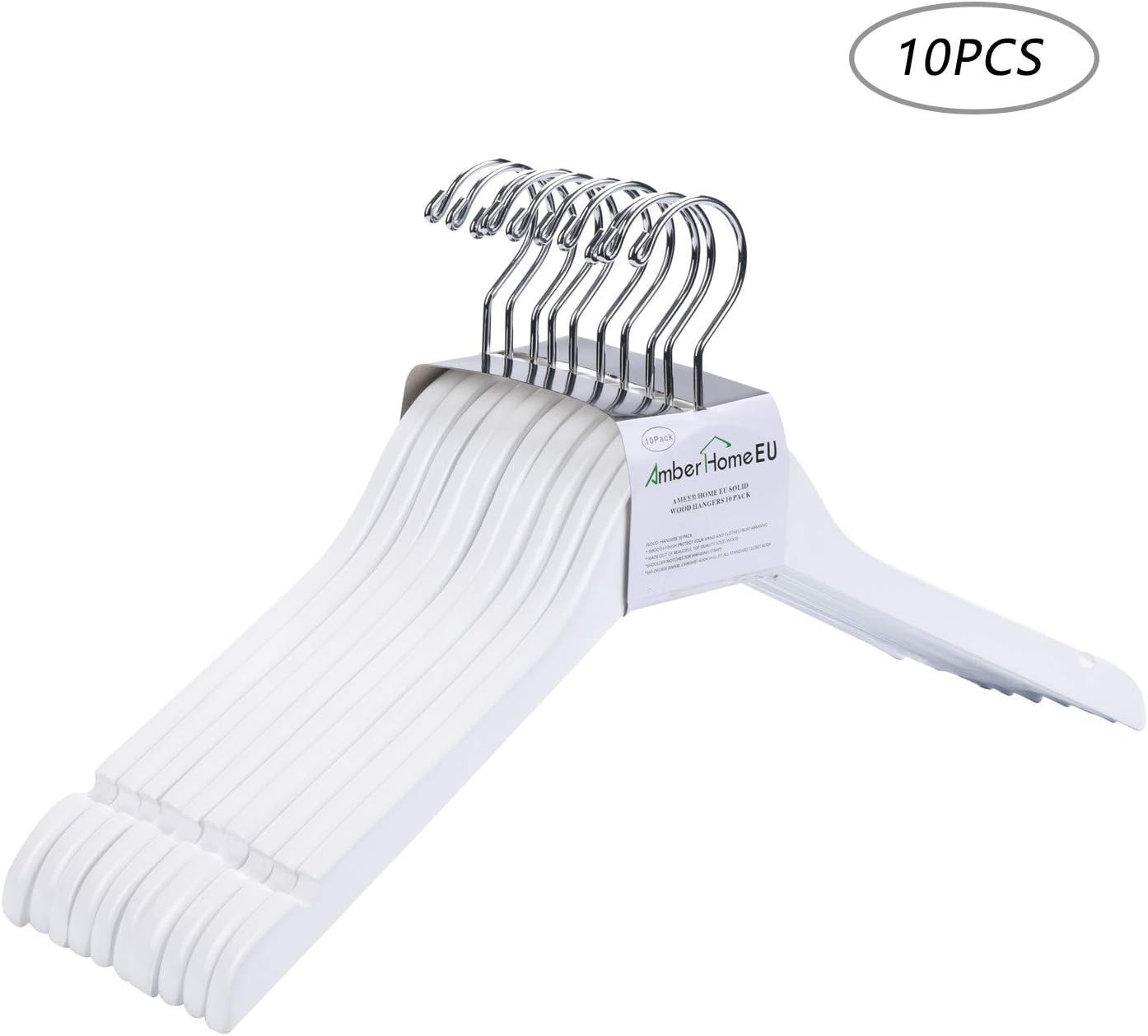 Amber Home 10 Stuck 44 5cm Weiss Kleiderbugel Aus Holz Robust Und Glanzend Aufhanger Fur T Shirt Hemd Mantel Kleid Tragertop Mit Nut Und Chrom Haken Amazon De Kuche Haushalt