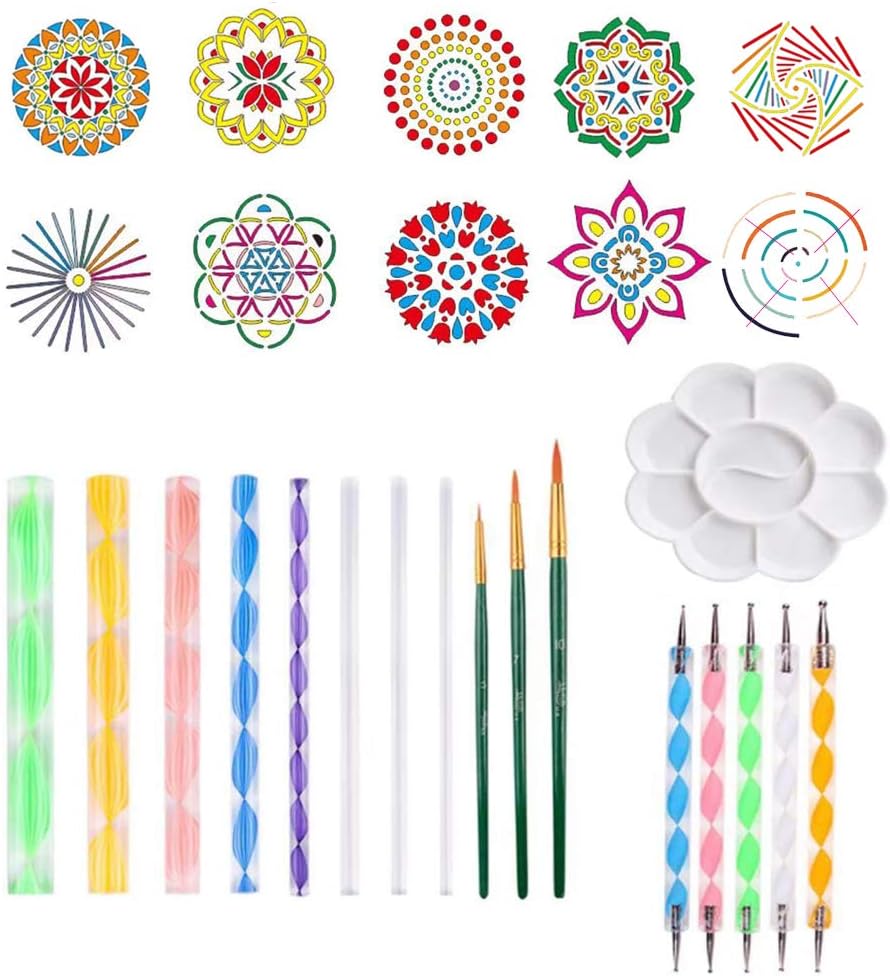 Amajoy 27 Pieces Mandala Rock Dotting Tools Art Painting Tools Set, Including 10 Style Mandala Stencils, 8 Sizes Acrylic Rods, Paint Tray,3 Painting Brushes and 5 Pieces Double Sided Dotting Tools