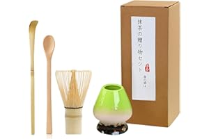 Handcrafted Matcha Whisk Set of 4 - Traditional Bamboo Whisk (100-prong Chasen), Bamboo Scoop, Tea Spoon & Celadon Holder, Pe