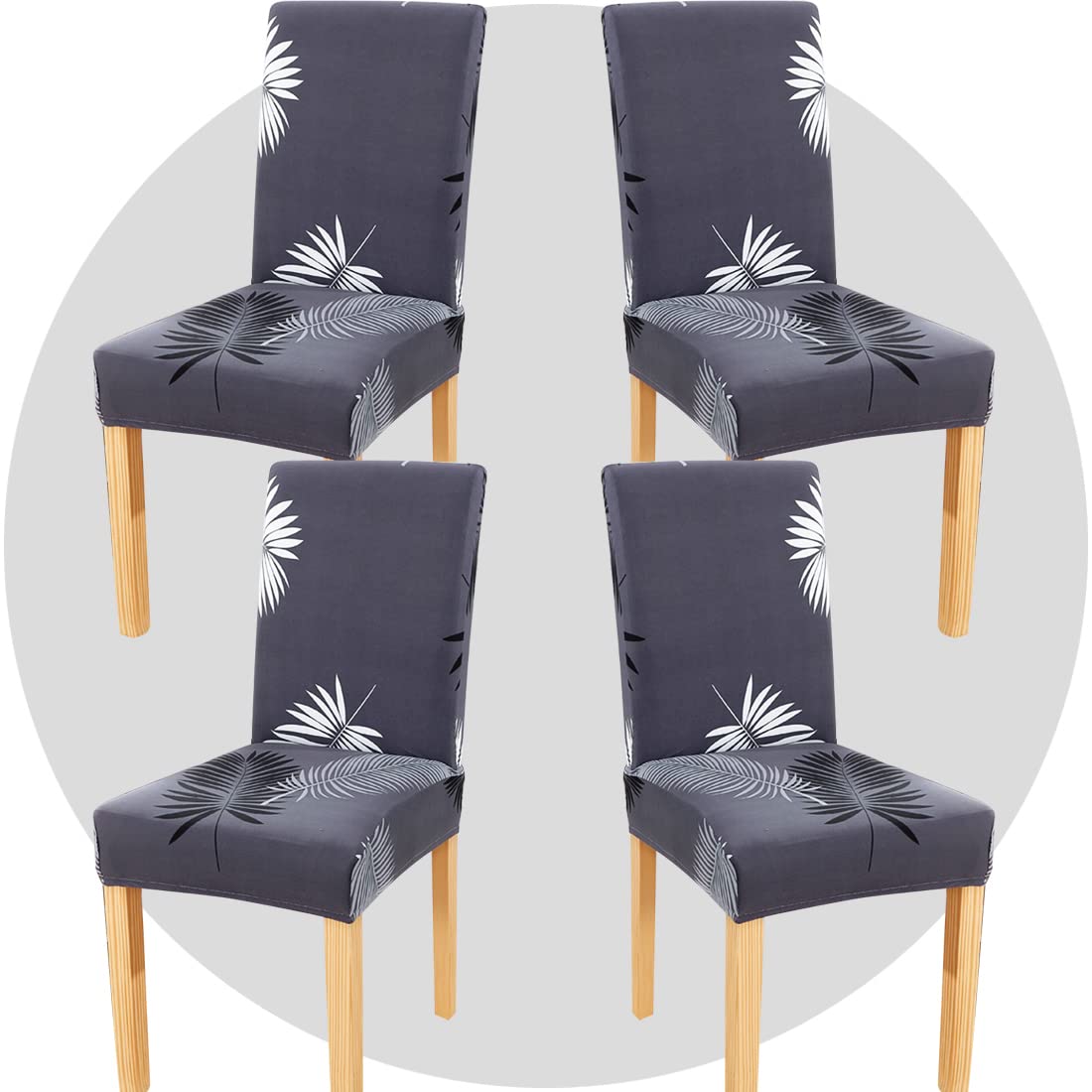 TOMMO Dining Room Chair Covers Set of 4, Stretch Removable Washable Spandex Dining Chair Slipcovers Protectors, Kitchen Chair Covers for Dining Room Party Hotel Ceremony Banquet(Black gray feathers)