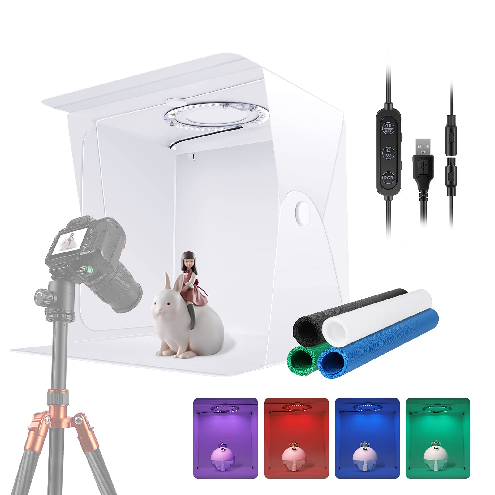 Neewer Portable Photo Studio RGBWW Light Box, 16x16inch/40x40cm Photography Shooting Tent, Foldable Dimmable Photo Box with 84 LED Lights/1000LM/12 RGB Colors/4 Color Backdrops/USB-Powered