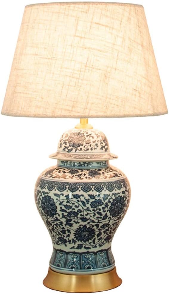 &Reading Light Blue and White Porcelain Table Lamp New Chinese Bedroom Bedside Lamp Ceramic General Tank Classical Zen Living Room Sofa Coffee Table Lamp Bedside lamp (Color : Power Switch Button)