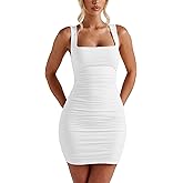 BORIFLORS Women's Sexy Bodycon Corset Mini Dresses Square Neck Ruched Sleeveless Club Party Short Dress