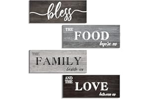 Creoate 4 Pieces Bless Food Family Love Signs Wall Decor Plaque, Farmhouse Rustic, Wood Wall Hanging Decorations for Dining Room Kitchen, Christmas Gift for Home, Small (4 x 10 IN X4)