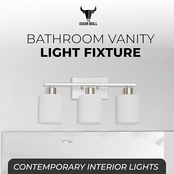 THE DOOR BULL MODERN BATHROOM VANITY LIGHT, MILKY WHITE GLASS SHADES, WALL SCONCE FOR BEDROOM & LIVING ROOM, E26 SOCKET, OVER MIRROR LIGHTING FIXTURE (BRUSHED NICKEL, 3 LIGHTS)