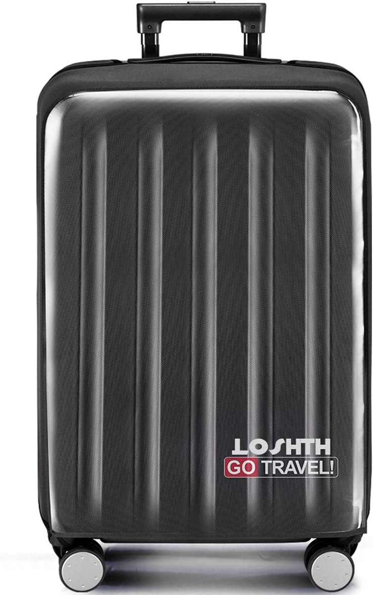 Removal-Free Travel Luggage Cover Suitcase Protector 20" 22" 24" 26" 28" 30" (Elastic Cloth+Clear PVC) (30", Black)