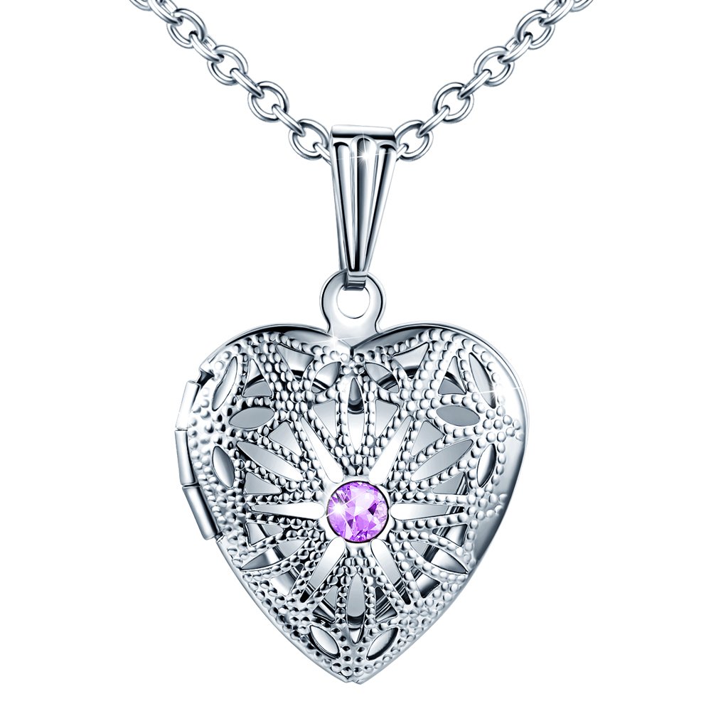 MicLee Ladies Necklace Photo Locket Pictures Amulet Purple Cubic Zirconia Heart Pendant Necklace Stainless Steel with Gift Box Greeting Card