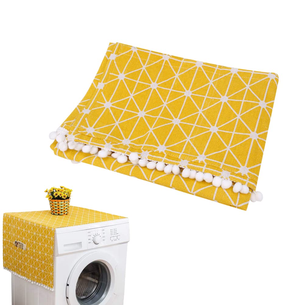 TOPINCN Cotton Linen Fridge Dust Cover, Multi-Purpose Washing Machine Cover with Storage Pockets, Yellow White Stripes, 55 x 130cm