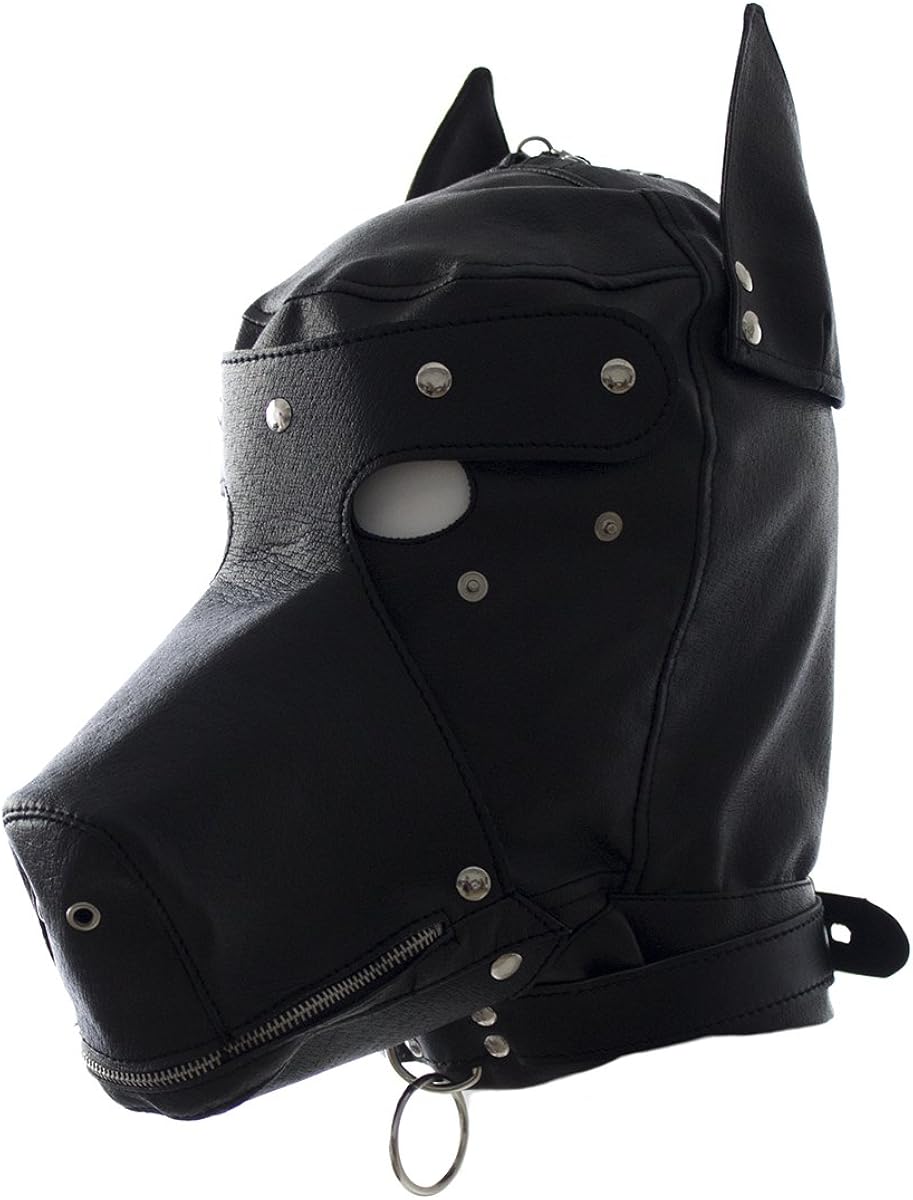 Leather hooded dog headgear with zipper and detachable cosplay mask