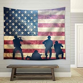 Soldiers in Assault on Grunge USA Flag. American Army, Military Concept. - Fabric Wall Tapestry Home Decor - 51x60 inches